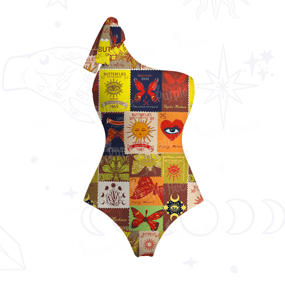 Purplehecate Butterfly Celestial Patchwork One-Shoulder One-Piece Swimsuit