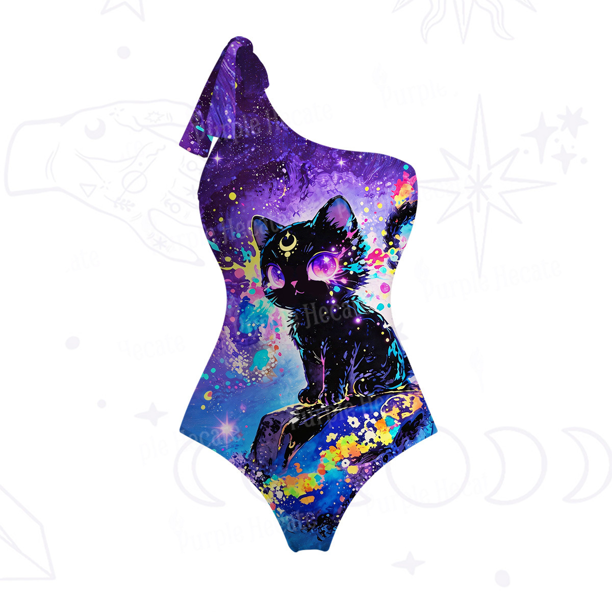 Purplehecate Neon Galaxy Cat Fantasy One-Shoulder One-Piece Swimsuit