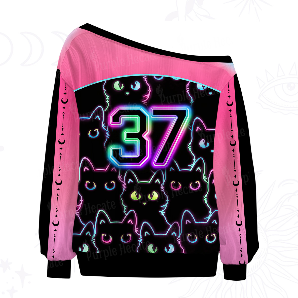 Purplehecate Neon Glow Stacked Cats Off The Shoulder Graphic Jersey