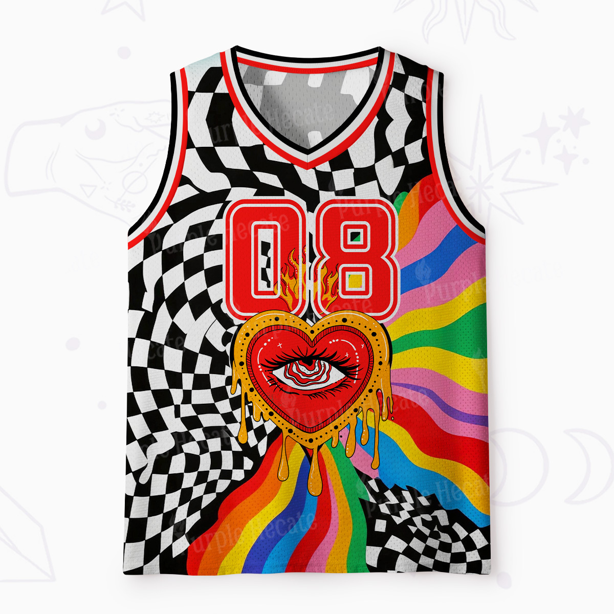 Purplehecate Trippy Rainbow Heart Eye Mesh Jersey Tank Top