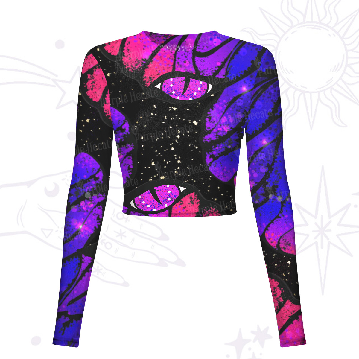 Purplehecate Starry-Eyed Butterfly Mesh Long Sleeve Crop Top