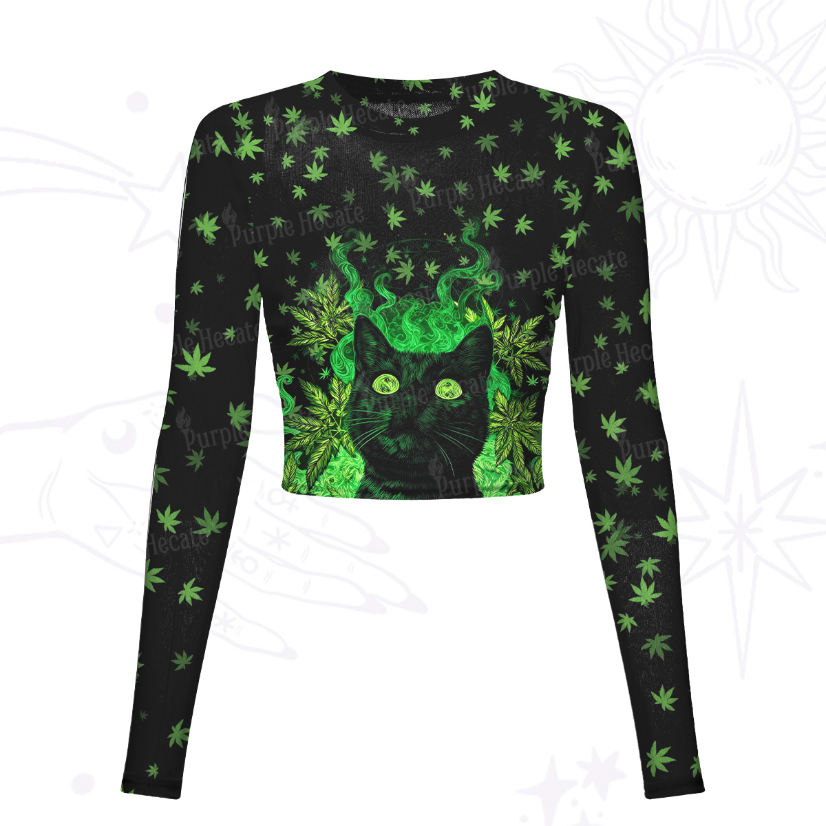Purplehecate Trippy Glow Cat 420 Vibes Mesh Long Sleeve Crop Top