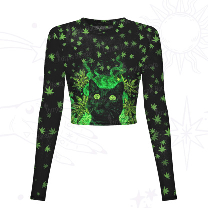 Purplehecate Trippy Glow Cat 420 Vibes Mesh Long Sleeve Crop Top