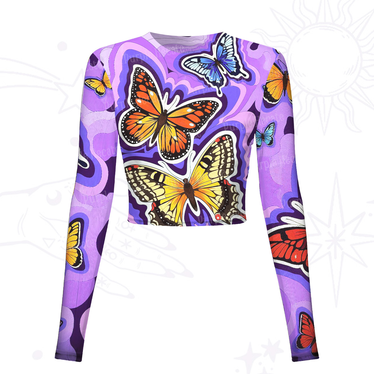 Purplehecate Psychedelic Butterfly Mesh Long Sleeve Crop Top
