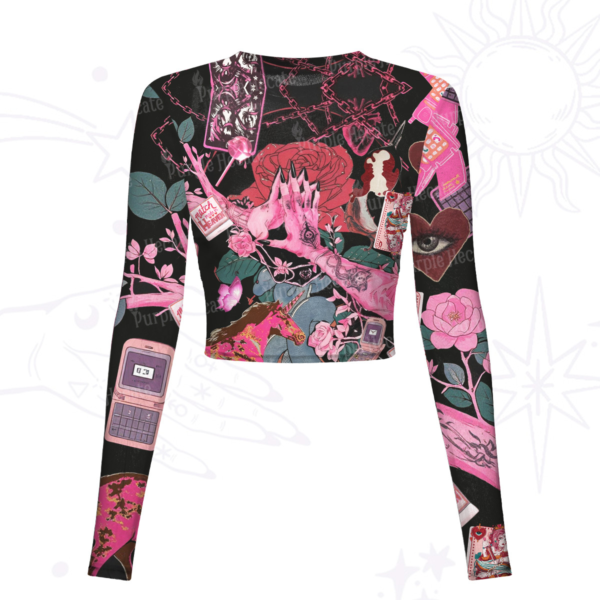 Purplehecate Pink Witch Spell Mesh Long Sleeve Crop Top