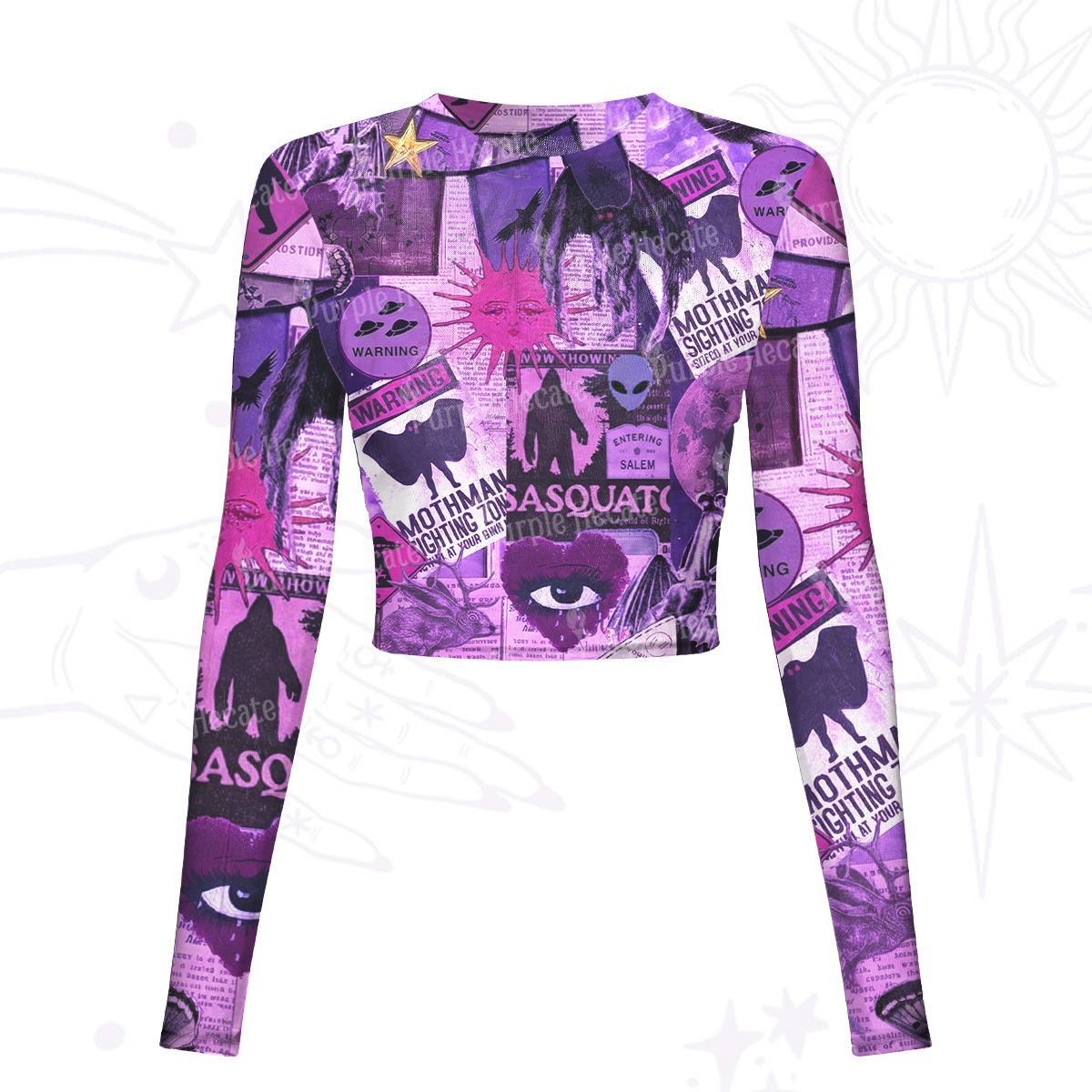 Purplehecate Cryptid Warning Collage Mesh Long Sleeve Crop Top