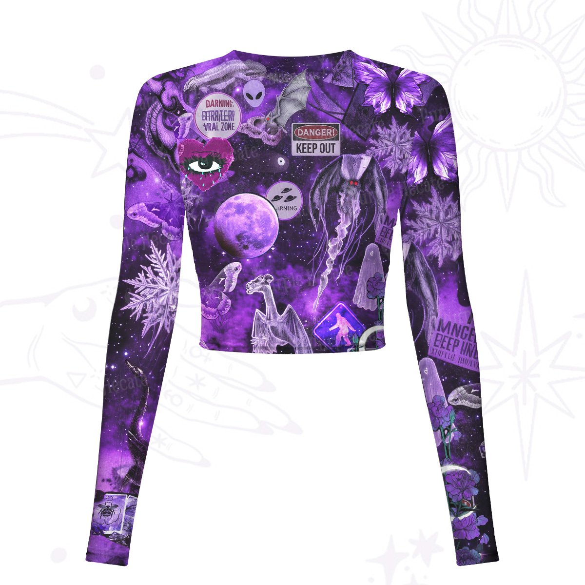 Purplehecate Cosmic Entity Purple Mesh Long Sleeve Crop Top
