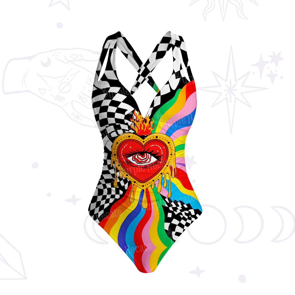Purplehecate Trippy Rainbow Heart Eye One-Piece Swimsuit