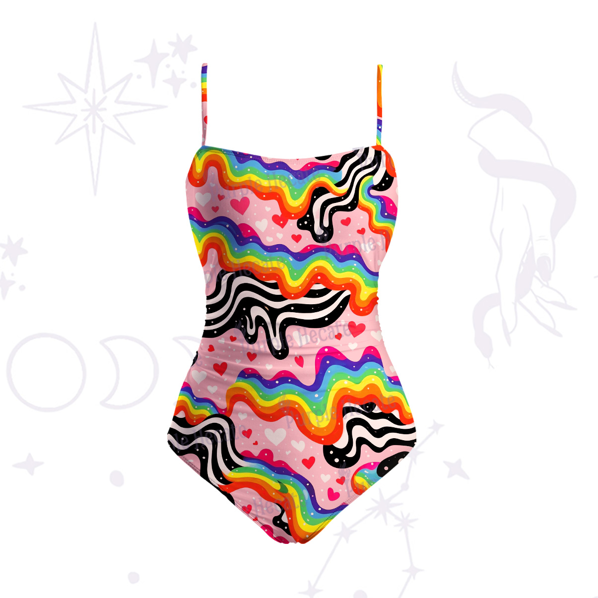 Purplehecate Groovy Melty Rainbow Hearts Wavy Slim-Strap Swimsuit