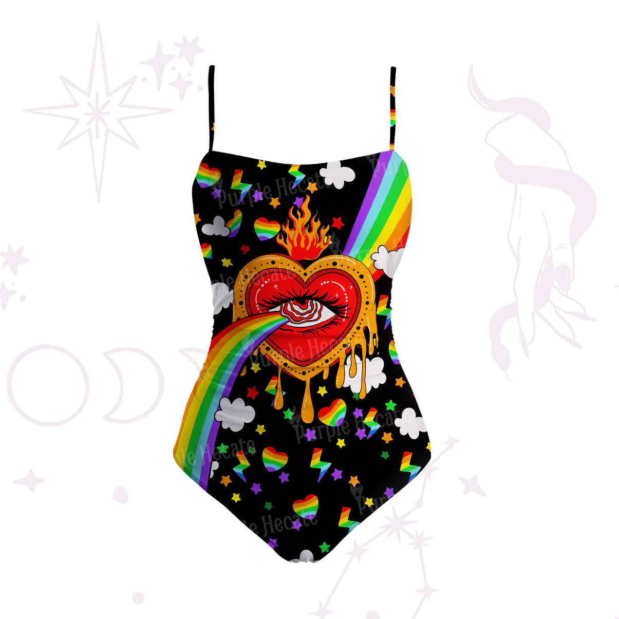 Purplehecate Rainbow Sacred Heart All Seeing Eye Pride Slim-Strap Swimsuit