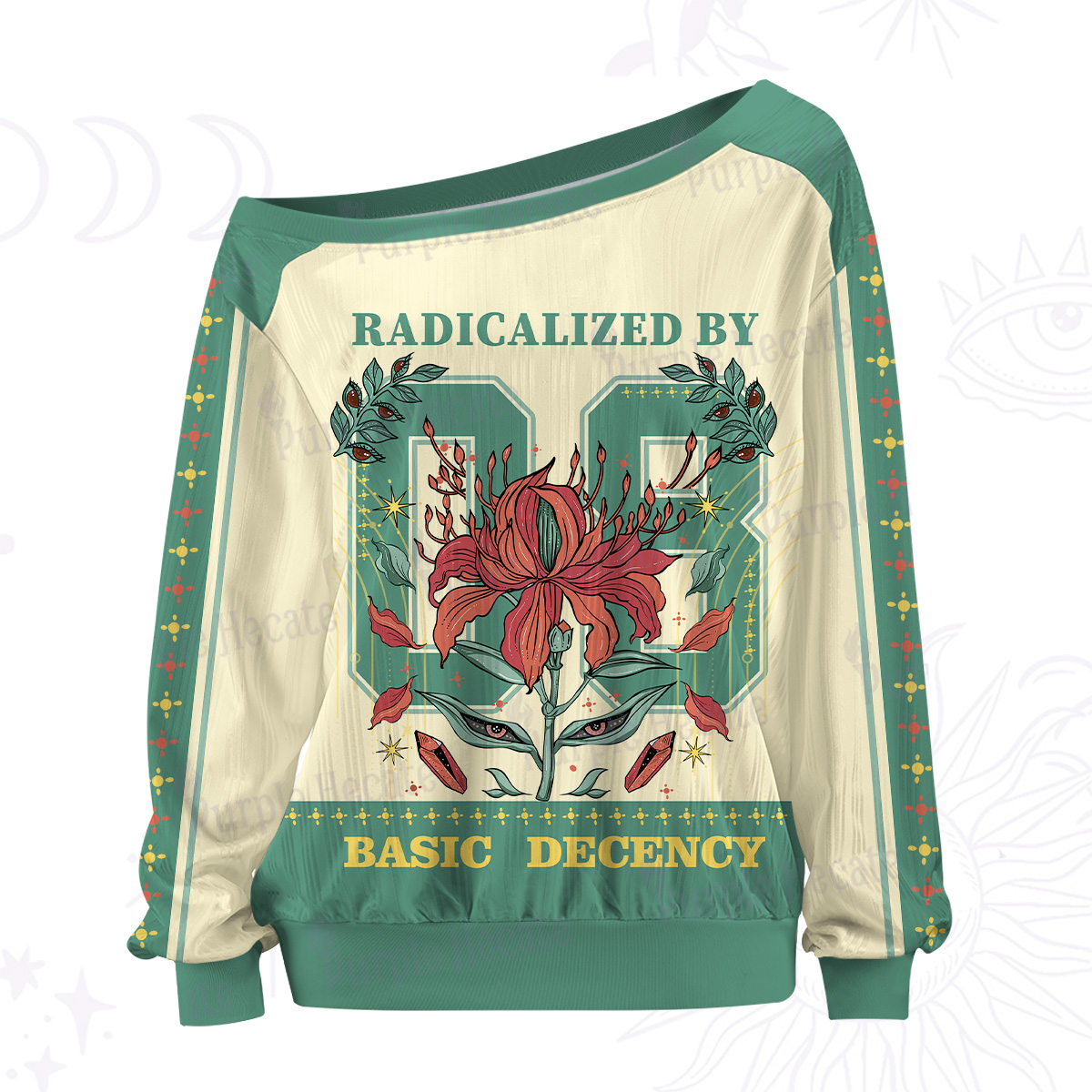 Purplehecate Radicalized By Basic Decency Off The Shoulder Graphic Jersey