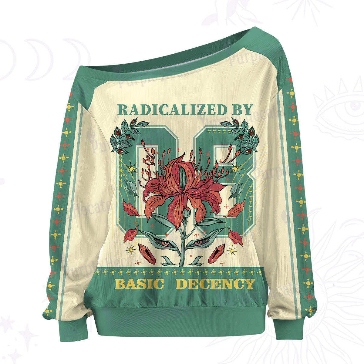 Purplehecate Radicalized By Basic Decency Off The Shoulder Graphic Jersey