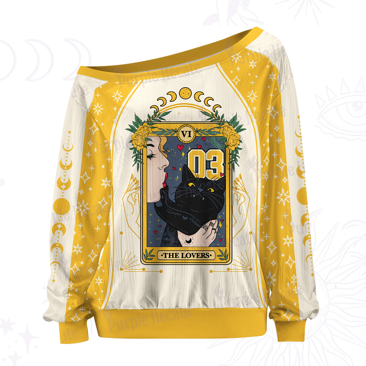 Purplehecate The Lovers Cat Tarot Off The Shoulder Graphic Jersey
