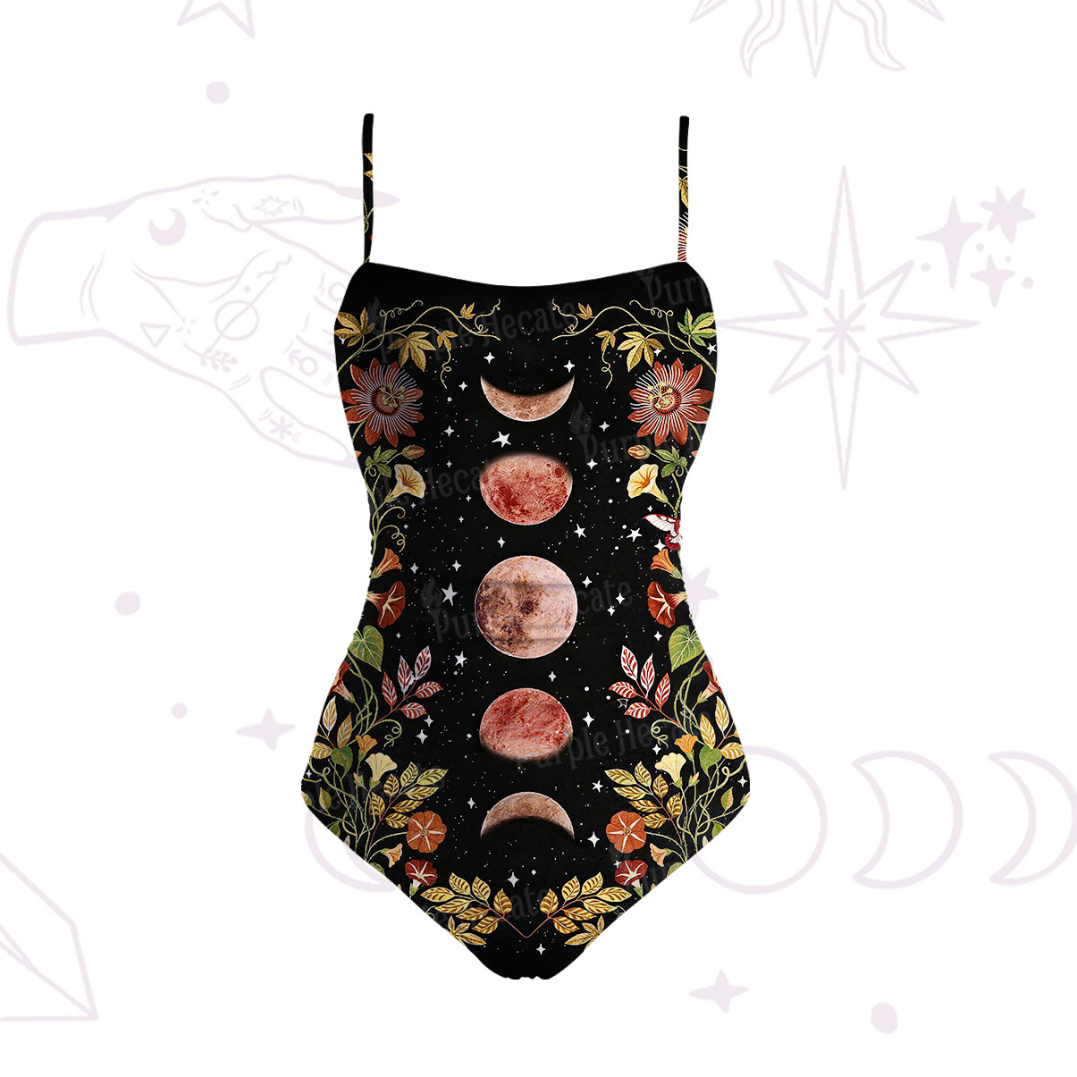 Purplehecate Moon Phase Floral Slim-Strap Swimsuit