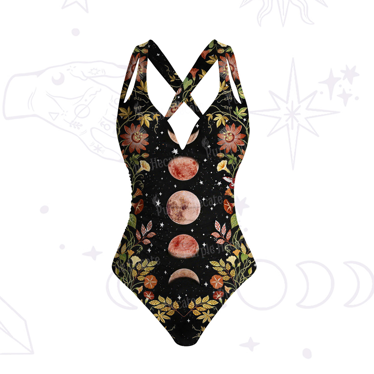 Purplehecate Moon Phase Floral One-Piece Swimsuit