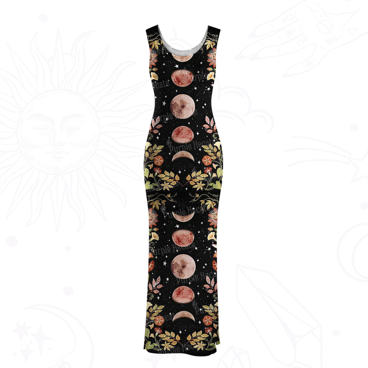 Purplehecate Moon Phase Floral Mesh Maxi Tank Beach Dress