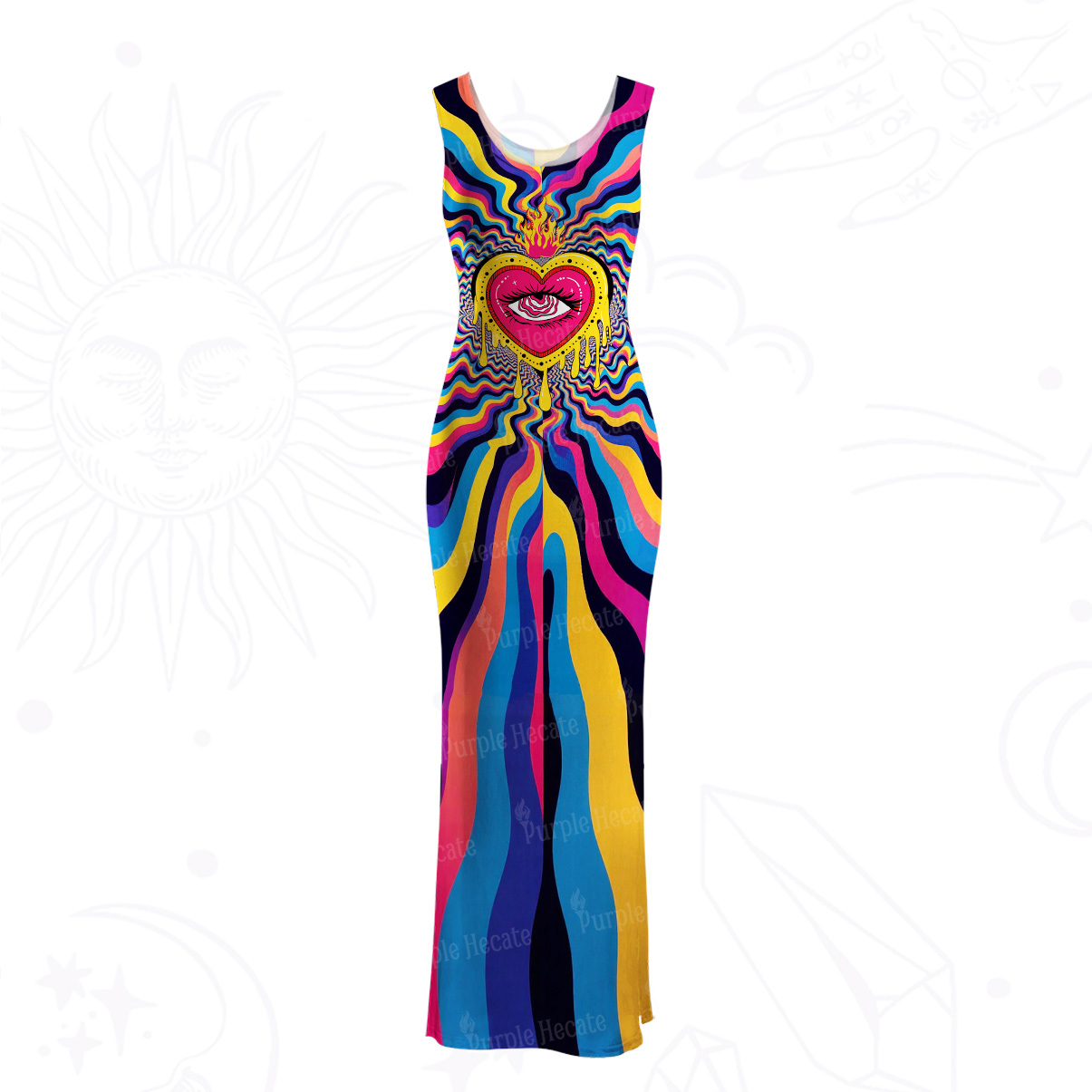 Purplehecate Trippy Heart Flame Mesh Maxi Tank Beach Dress