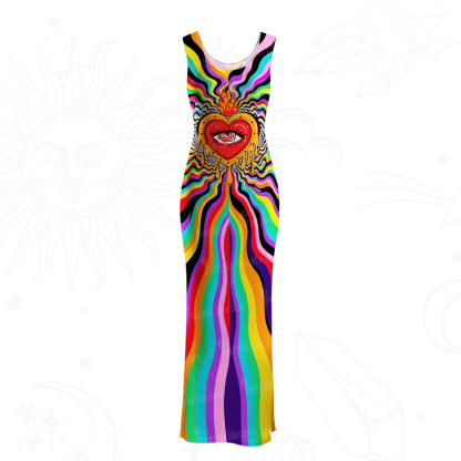 Purplehecate Trippy Rainbow Heart Eye Mesh Maxi Tank Beach Dress