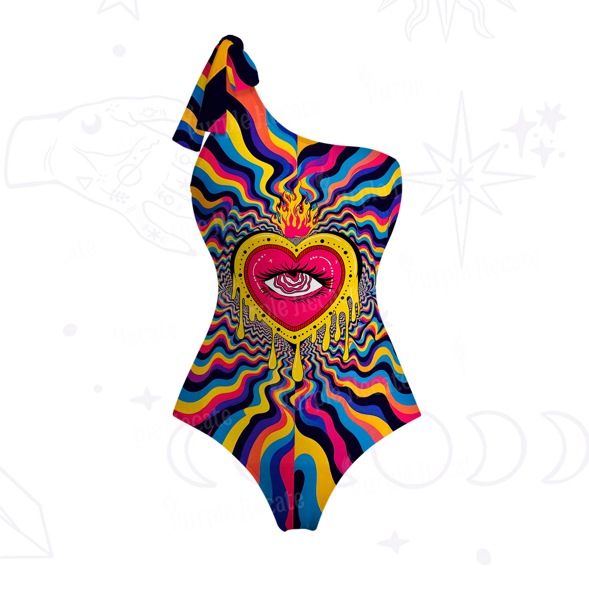 Purplehecate Trippy Heart Flame One-Shoulder One-Piece Swimsuit