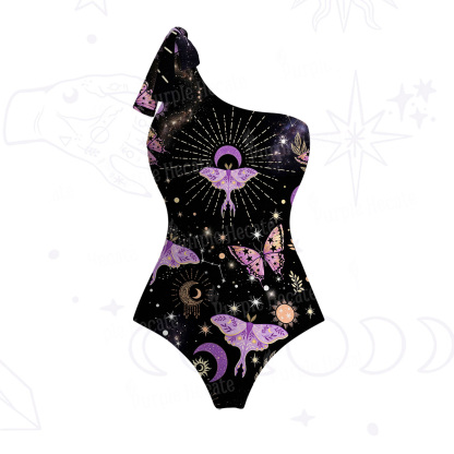 Purplehecate Starry Night Lunar Moth One-Shoulder One-Piece Swimsuit