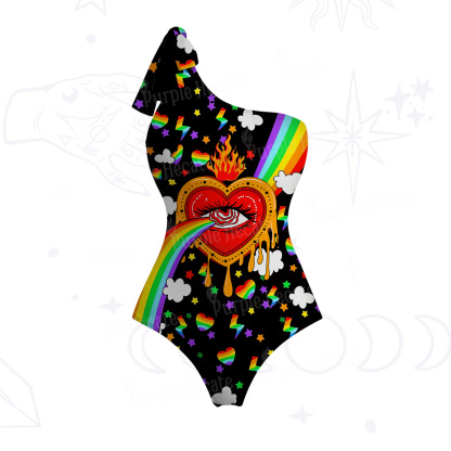 Purplehecate Rainbow Sacred Heart All Seeing Eye Pride One-Shoulder One-Piece Swimsuit