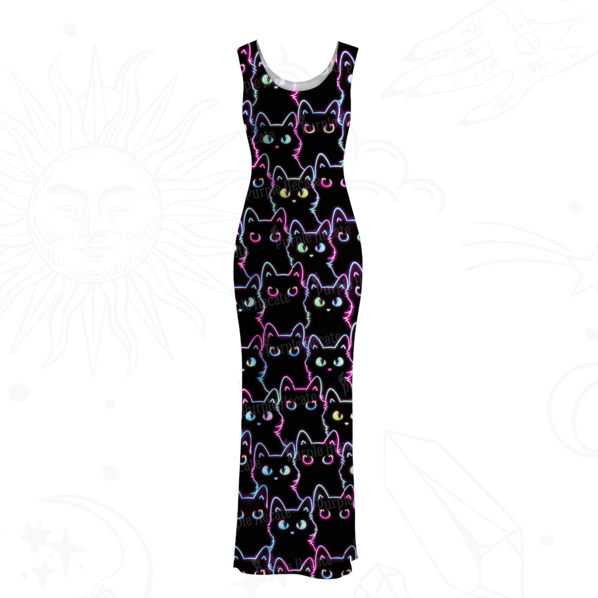 Purplehecate Neon Glow Stacked Cats Mesh Maxi Tank Beach Dress