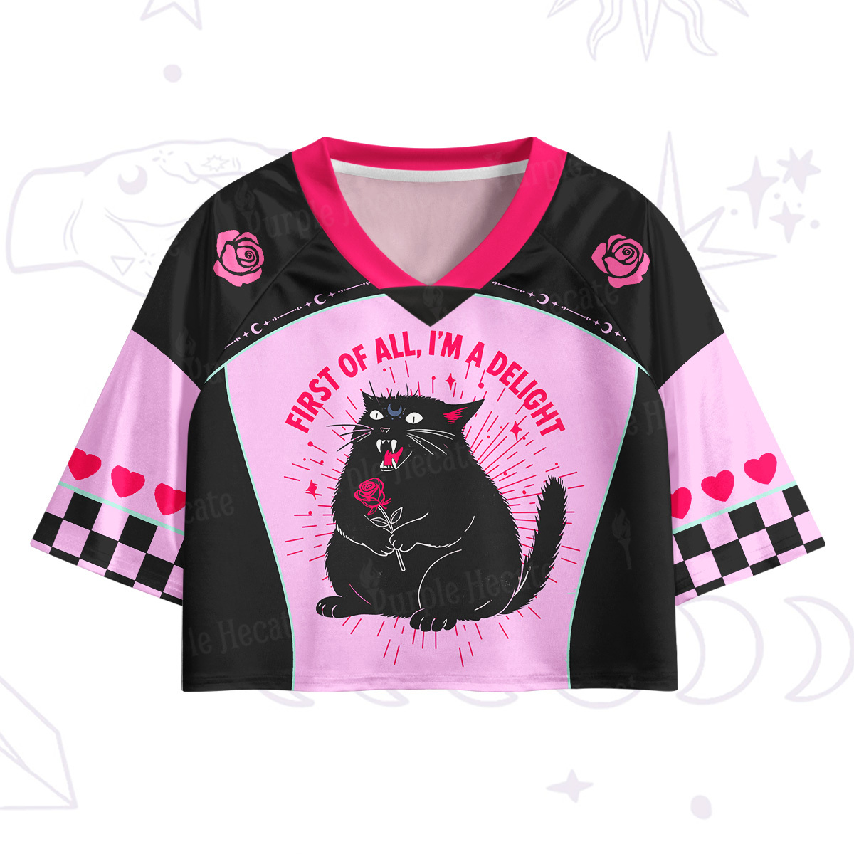 Purplehecate First Of All I'm A Delight Cat Crop Jersey Top