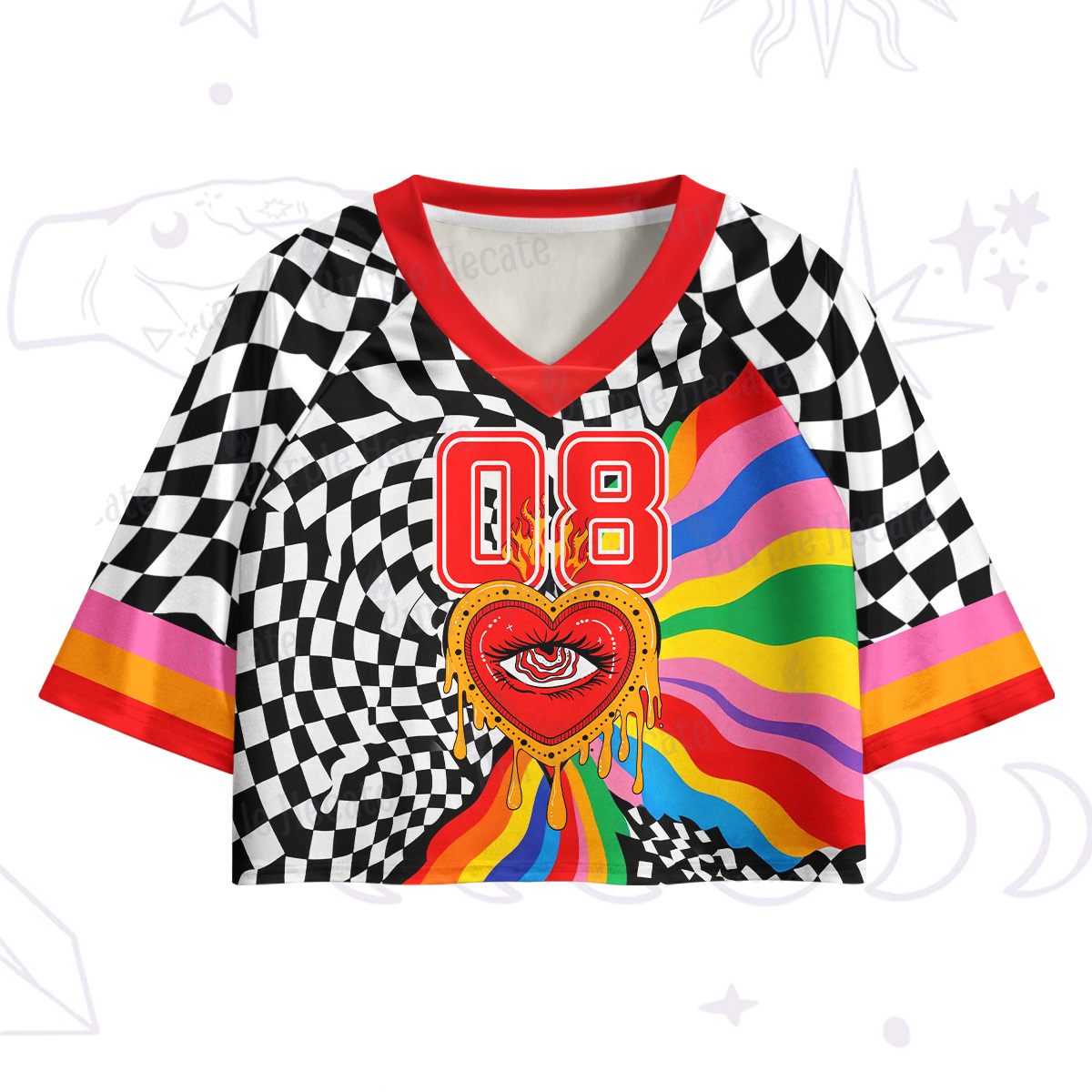 Purplehecate Trippy Rainbow Heart Eye Crop Jersey Top