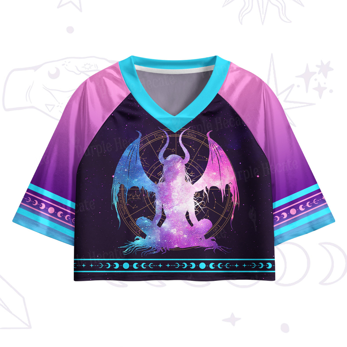 Purplehecate Pastel Goth Horned Demon Zodiac Crop Jersey Top