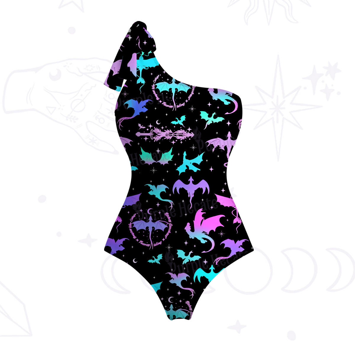 Purplehecate Neon Fantasy Dragon Allover One-Shoulder One-Piece Swimsuit