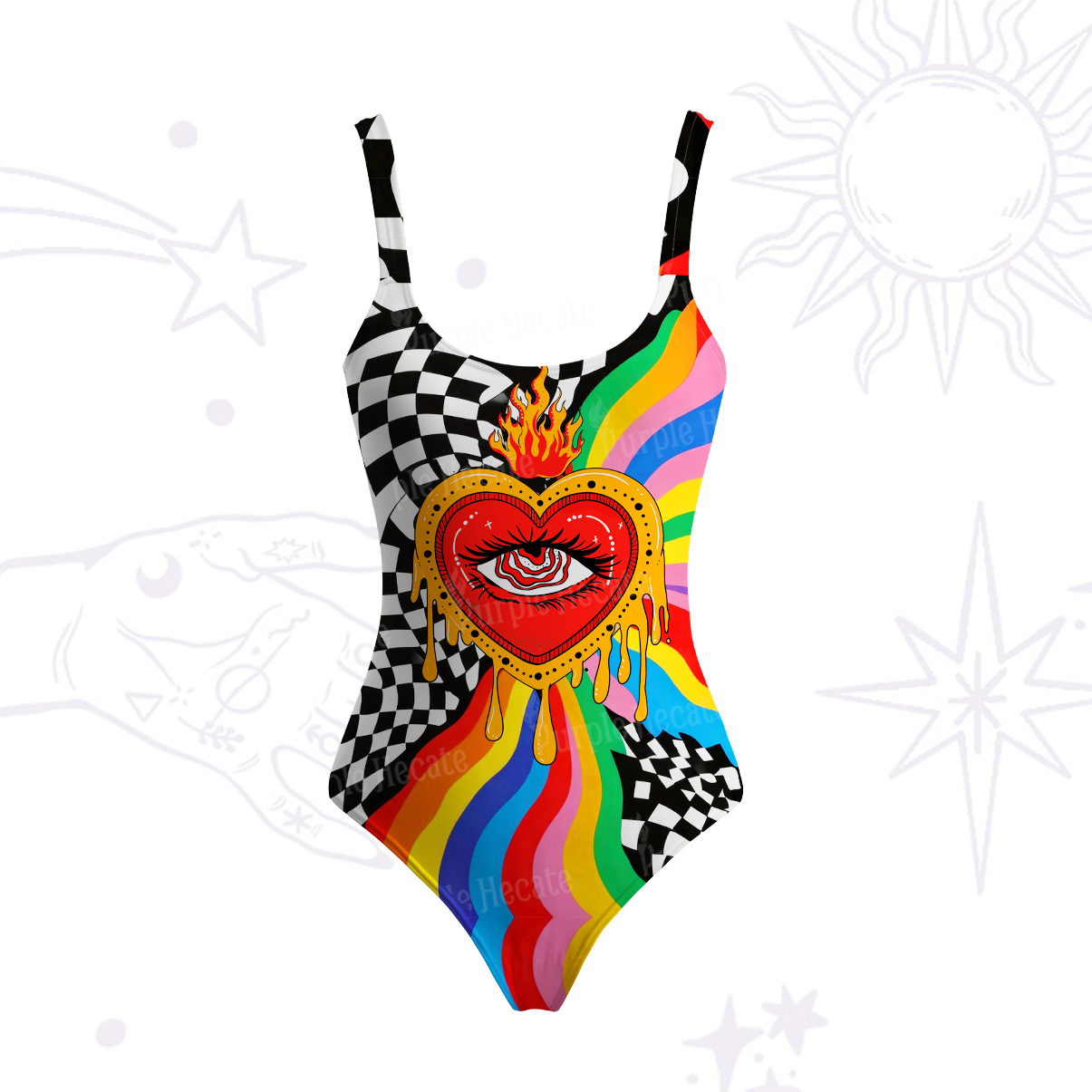 Purplehecate Trippy Rainbow Heart Eye Tank One Piece Swimsuit