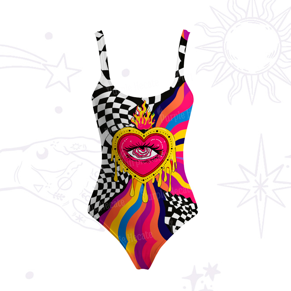 Purplehecate Trippy Rainbow Heart Eye Tank One Piece Swimsuit