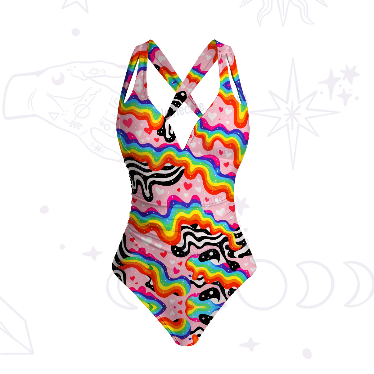 Purplehecate Groovy Melty Rainbow Hearts Wavy One-Piece Swimsuit