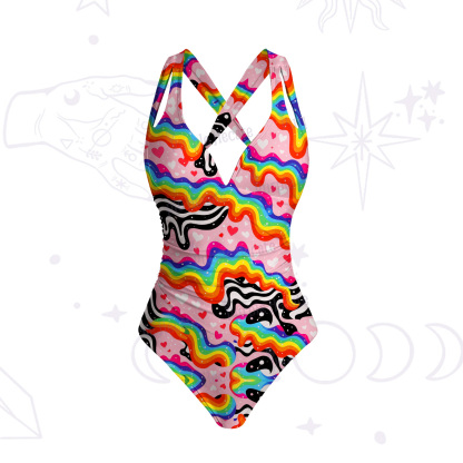 Purplehecate Groovy Melty Rainbow Hearts Wavy One-Piece Swimsuit