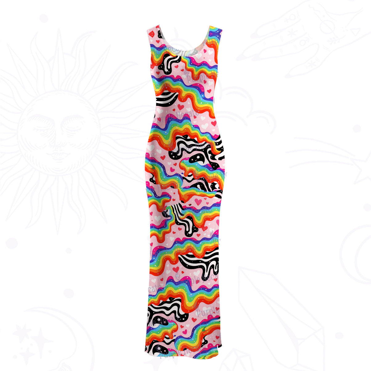 Purplehecate Groovy Melty Rainbow Hearts Wavy Mesh Maxi Tank Beach Dress