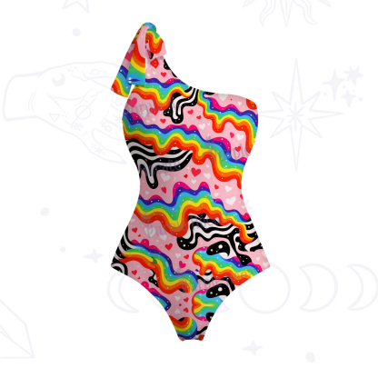 Purplehecate Groovy Melty Rainbow Hearts Wavy One-Shoulder One-Piece Swimsuit