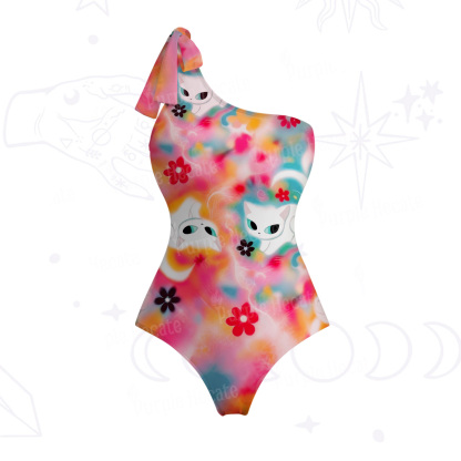 Purplehecate Color Splash Cat One-Shoulder One-Piece Swimsuit