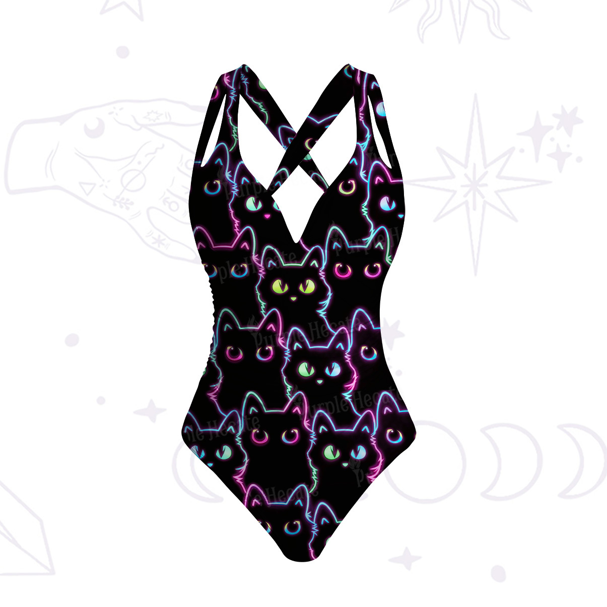 Purplehecate Neon Glow Stacked Cats One-Piece Swimsuit