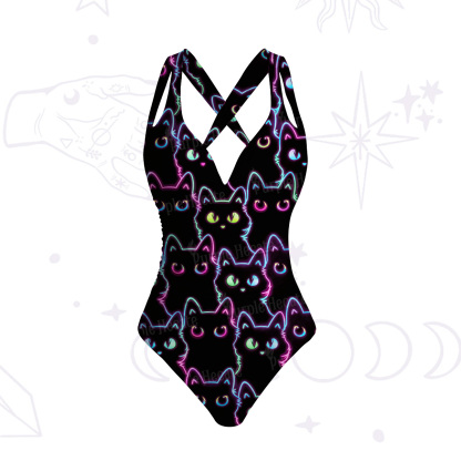 Purplehecate Neon Glow Stacked Cats One-Piece Swimsuit