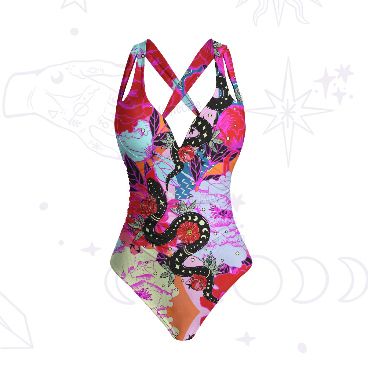 Purplehecate Enchanted Black Serpent & Floral Pattern One-Piece Swimsuit