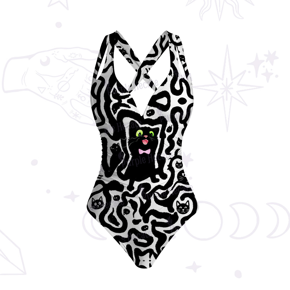 Purplehecate Whimsical Abstract Cat One-Piece Swimsuit