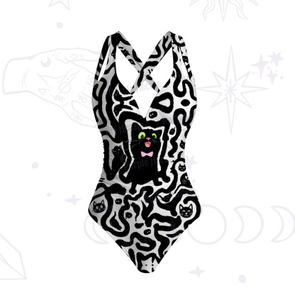 Purplehecate Whimsical Abstract Cat One-Piece Swimsuit
