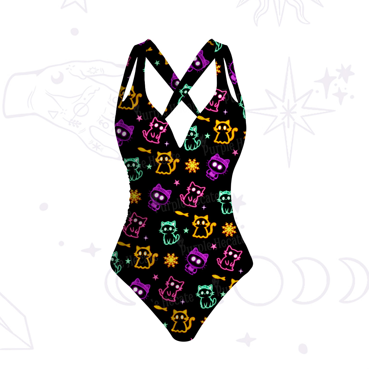 Purplehecate Neon Cat Party One-Piece Swimsuit