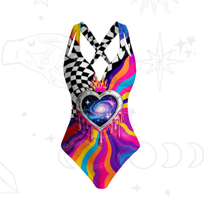 Purplehecate Trippy Rainbow Heart Eye Galaxy One-Piece One-Piece Swimsuit