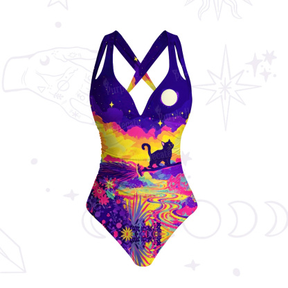 Purplehecate Midnight Cosmic Cat Fantasy One-Piece Swimsuit