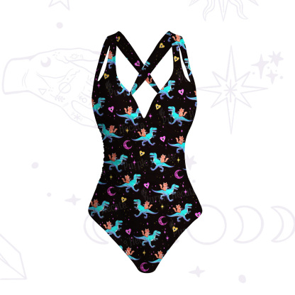 Purplehecate Witch Cat Rides the Dino One-Piece Swimsuit