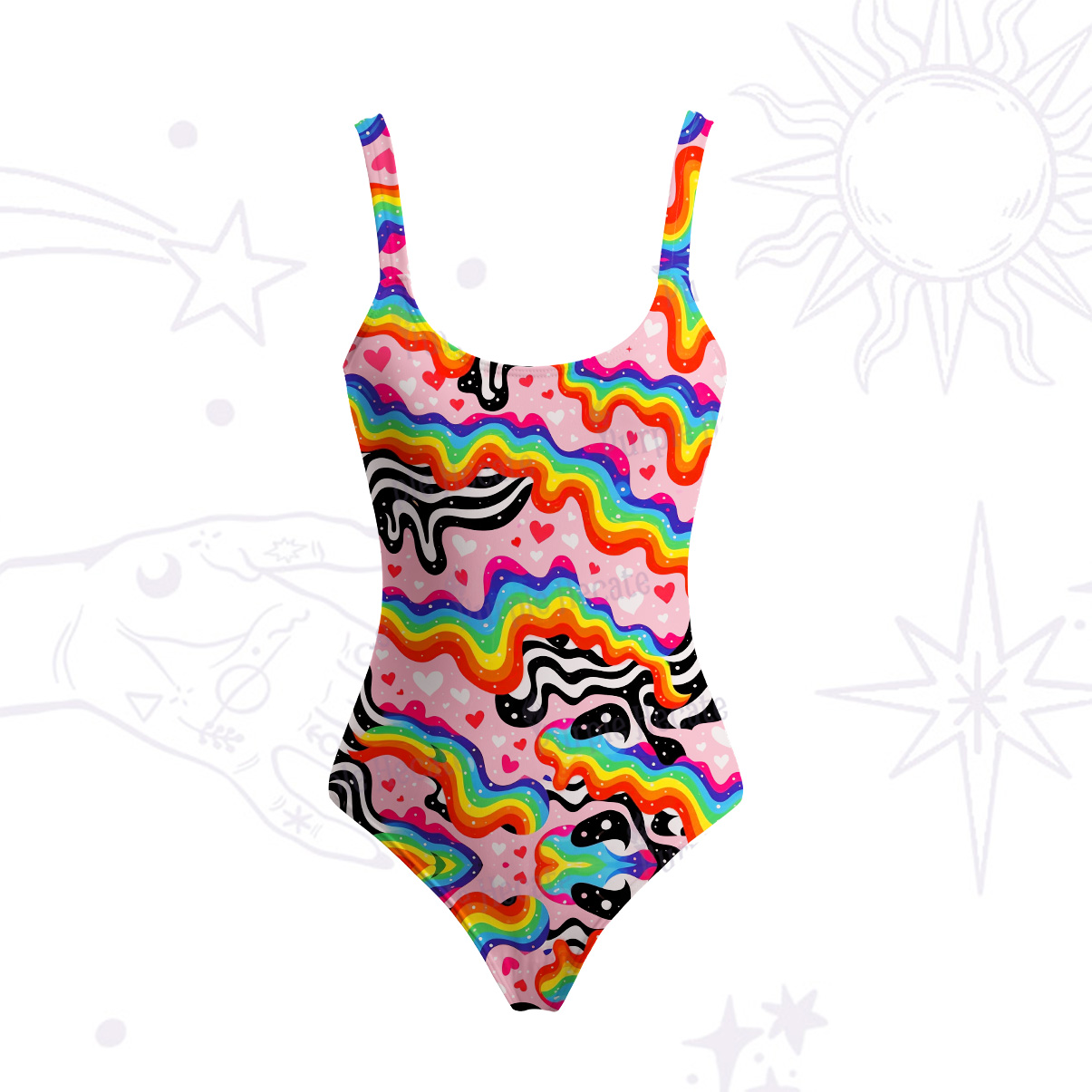Purplehecate Groovy Melty Rainbow Hearts Wavy Tank One Piece Swimsuit