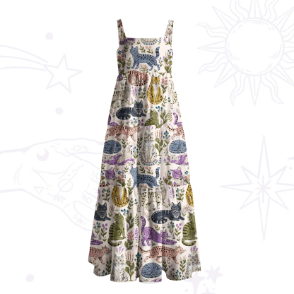 Purplehecate Lazy Garden Cats Wide Straps Maxi Dress