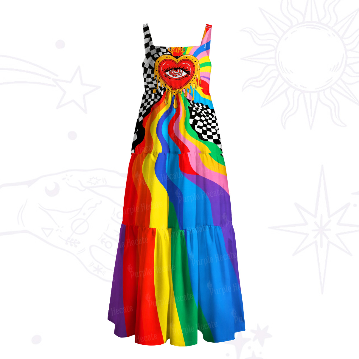Purplehecate Trippy Rainbow Heart Eye Wide Straps Maxi Dress