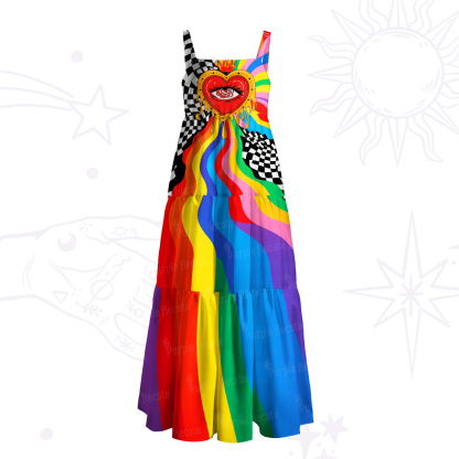 Purplehecate Trippy Rainbow Heart Eye Wide Straps Maxi Dress